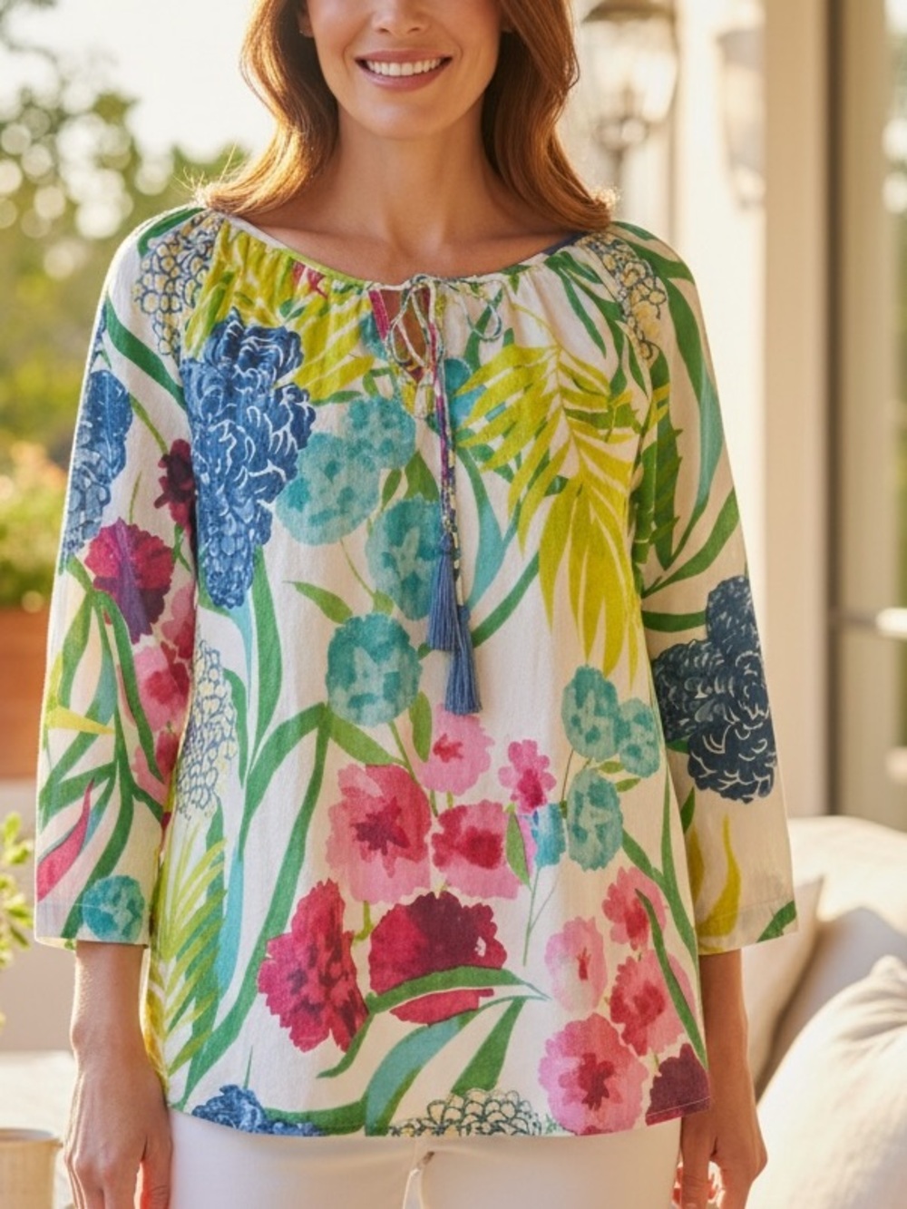 Kikisol White Hydrangea Blue Tassel Top Sz XL